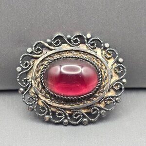 Antique Sterling Silver Purple Glass Brooch Pendant Rope Scroll Design Edwardian